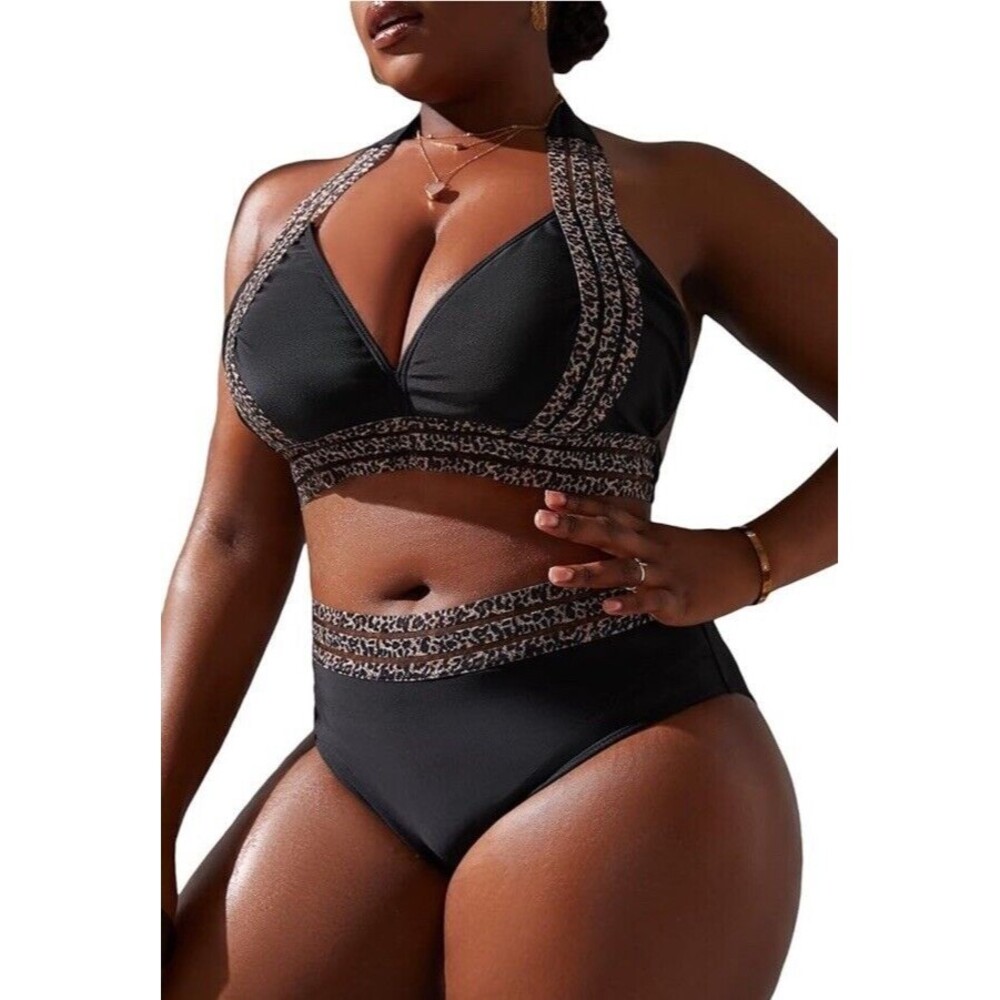 MAKEMECHIC‎ Women’s Plus Size 2 Piece, Bathing Suit Leopard Trim Bikini ￼2XL